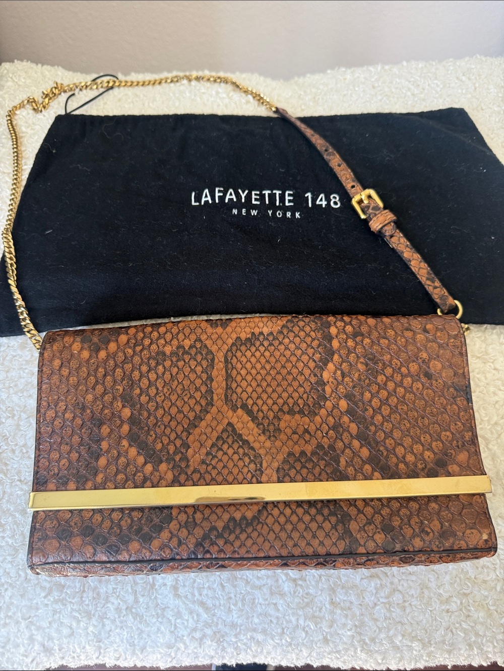 Lafayette 148 New York Brown Snakeskin-Print Leather Clutch